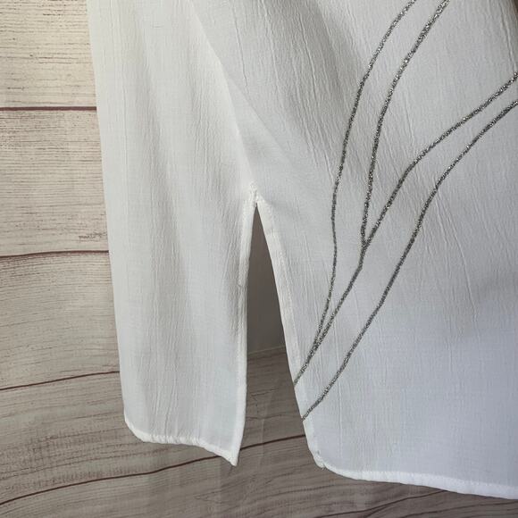 Vintage Melrose White Blouse with Silver Leaf Short Sleeve Long Size M - Picture 6 of 12